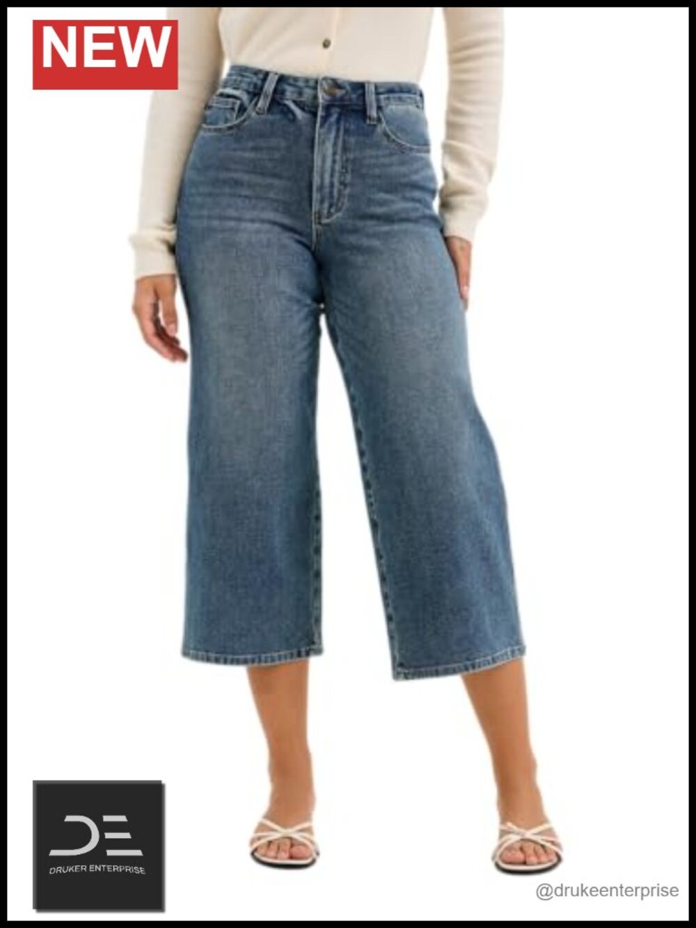 High Waisted Wide Crop Jeans Button Fly Stretch Denim